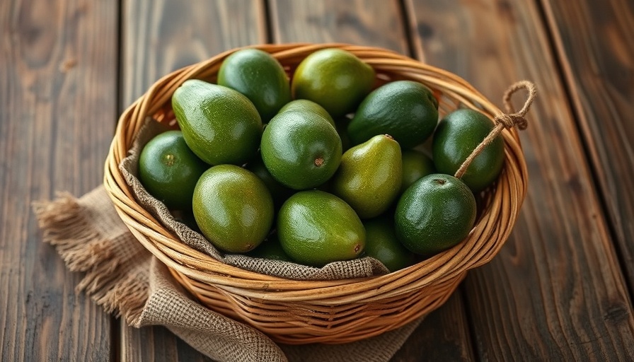 Basket of fresh avocados on rustic table, eating an avocado every day.