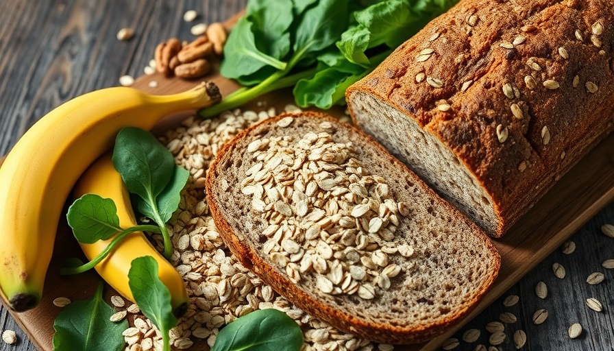 Vibrant high-fiber foods including whole grains and bananas, promoting heart health.