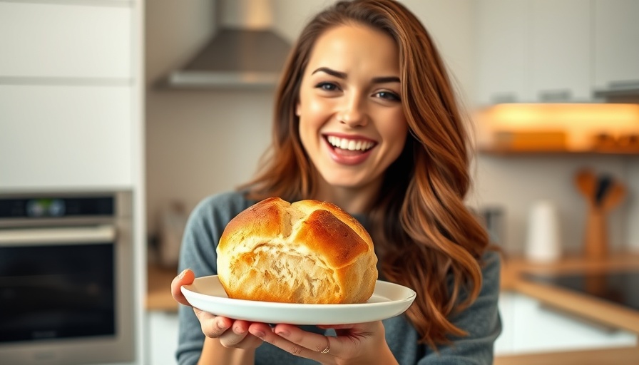 Smiling woman in kitchen with low carb fluffy bread.