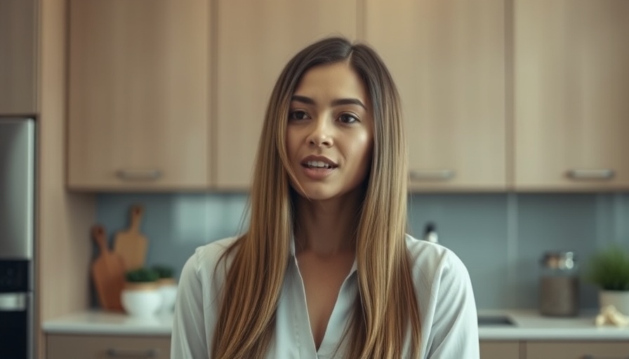 Woman discussing tetracycline teeth stain, modern kitchen setting