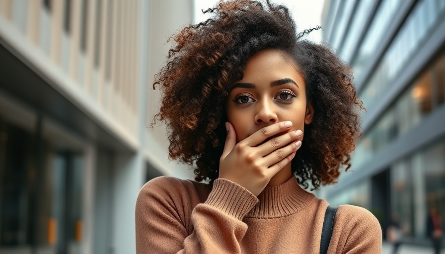 Curly-haired woman thoughtfully covering mouth outdoors related to Vitamin D and Bad Breath.
