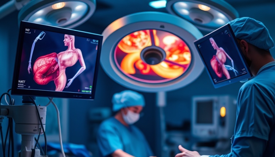 Laparoscopic gallbladder removal surgery in a vibrant blue-lit operating room.