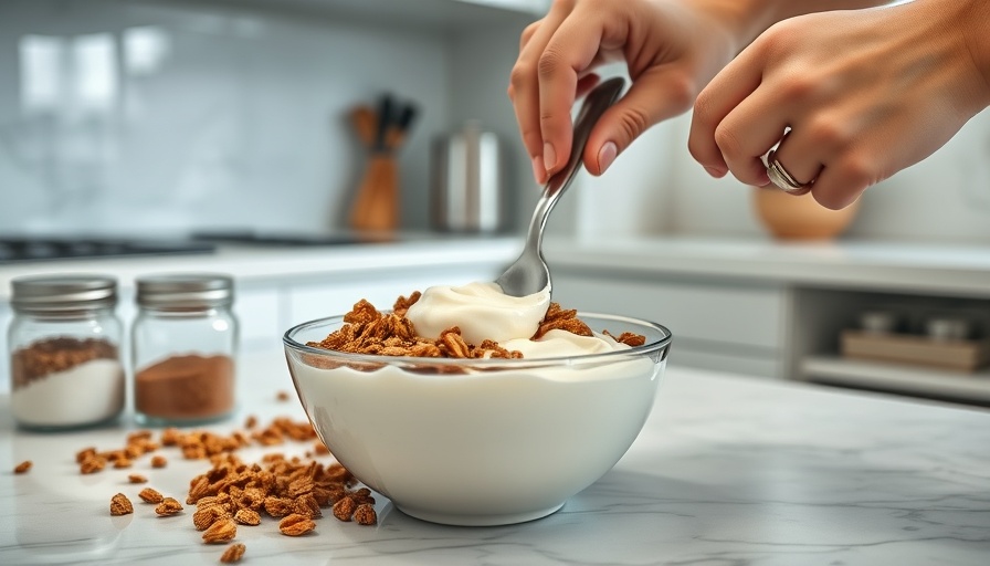 Hands preparing yogurt and granola breakfast, focusing on the process.