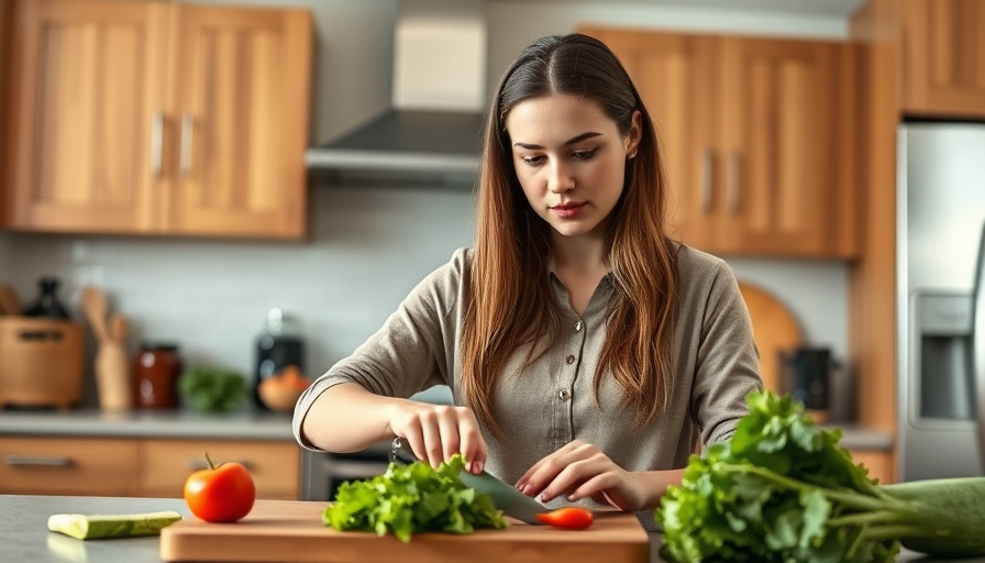 Young woman preparing vegetables for healthy eating in a kitchen.