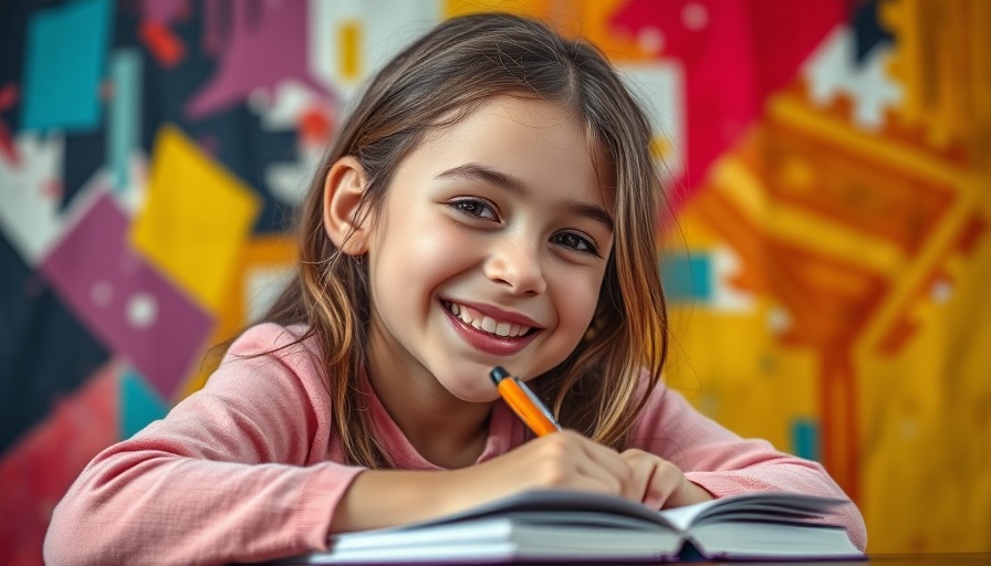 Smiling young girl writing with vibrant abstract background