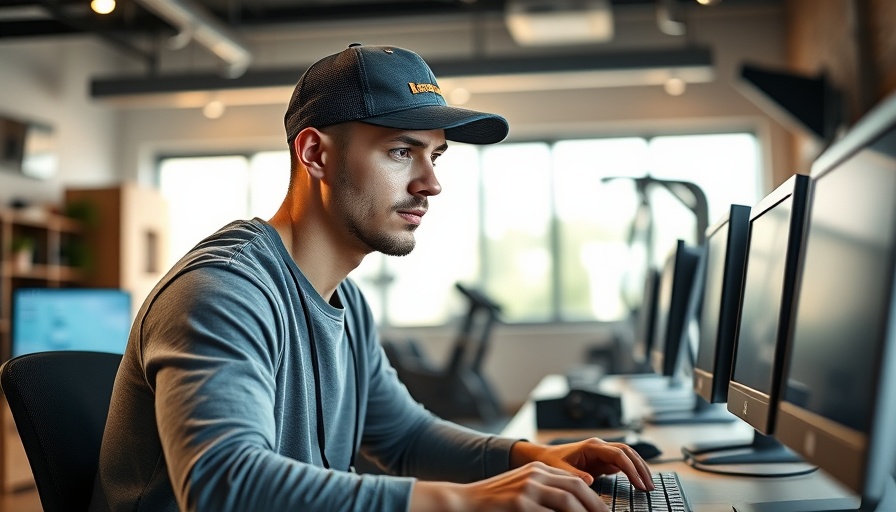 Young man in home office with gym equipment, focused on work.