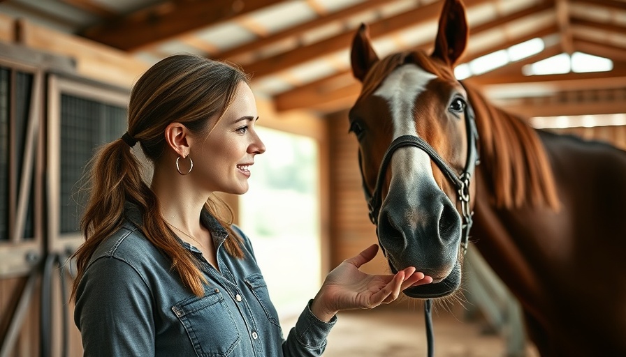 Young woman discusses horse dental care in barn setting