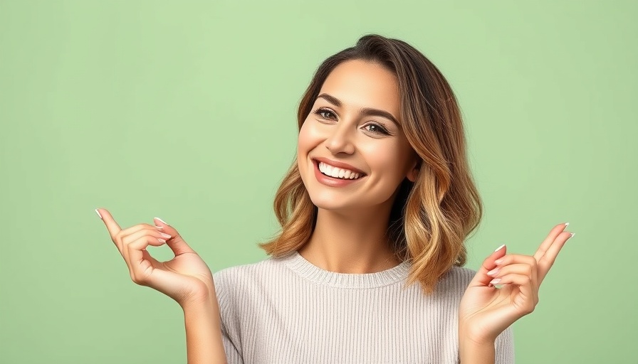 Confident woman sharing acne treatment tips in studio setting.