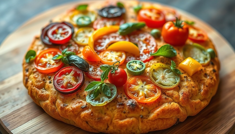 Healthy focaccia recipe with vegetable art design.