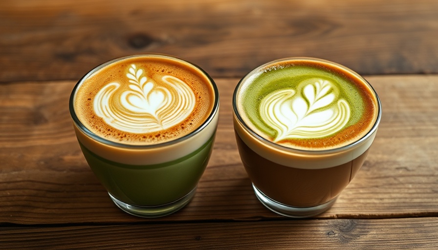 Artful lattes with matcha and coffee on wooden table, superfoods to boost energy naturally.