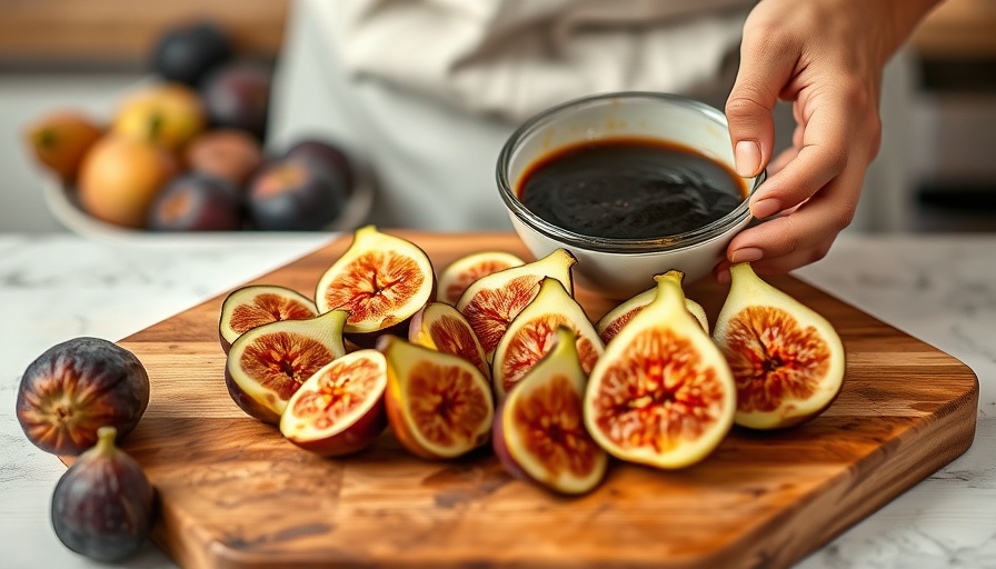 Sliced figs and bowl of sauce on a board for healthy meals