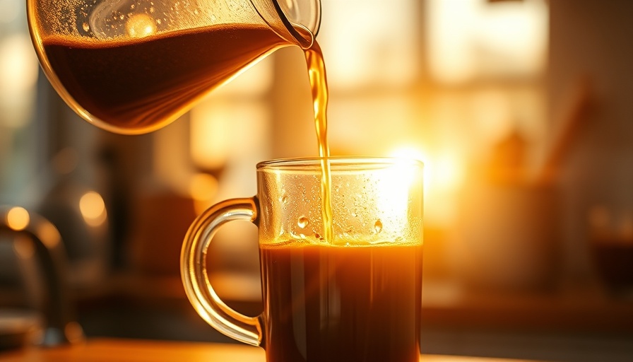 Pouring coffee into glass mug under soft sunlight, emphasizing polyphenols.