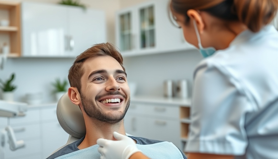 Flirting at the dentist; young man smiling at dental hygienist in clinic.