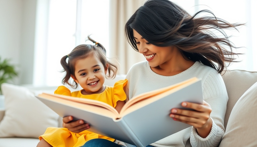 Curious mental health research platform: smiling woman and child reading on sofa