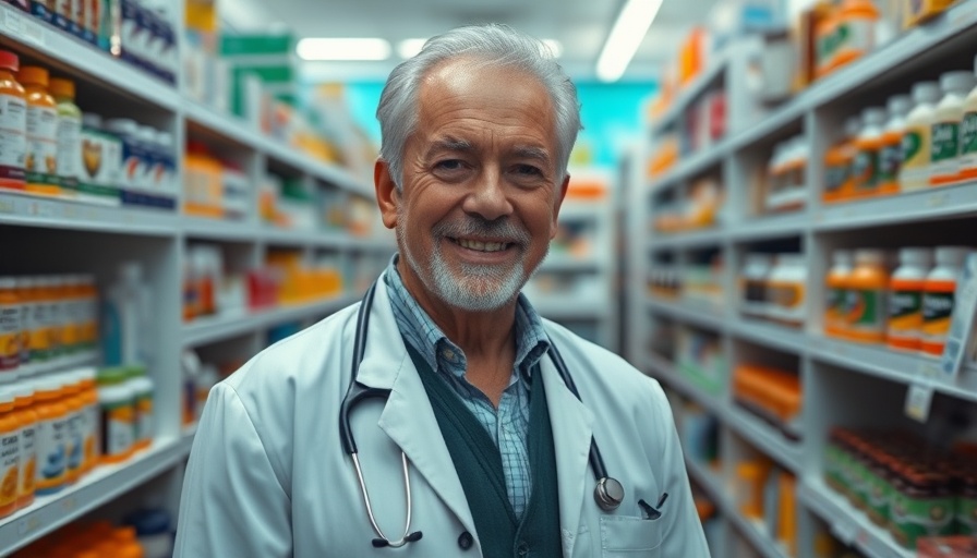 Older pharmacist in a pharmacy aisle, promoting wellness journey.