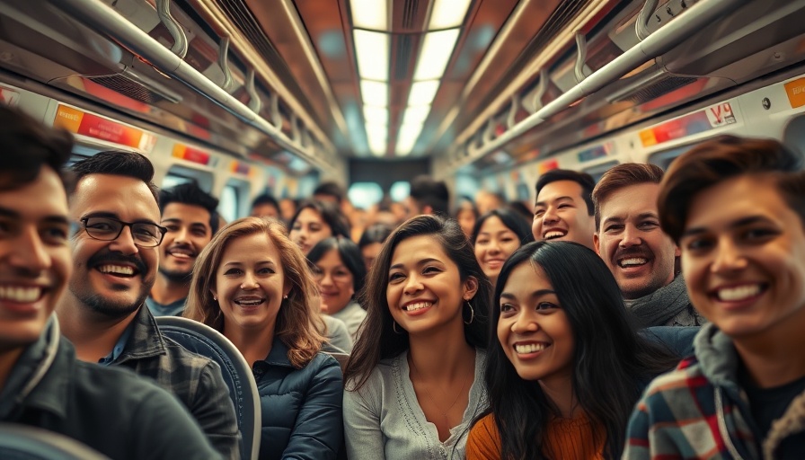 Group enjoying connection on wellness journey train ride.