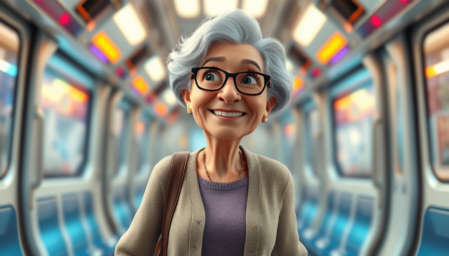 Animated elderly woman on a wellness journey inside a futuristic train.