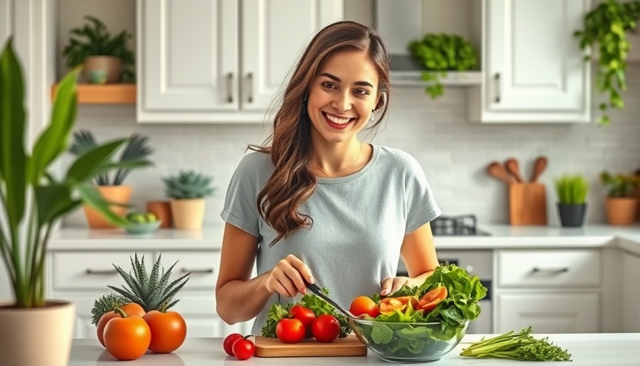 Woman preparing salad, illustrating how eating fiber improves gum health.