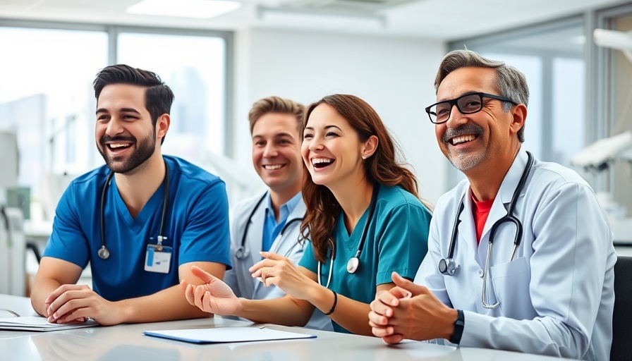 Smiling medical team at desk, capturing a joyful work moment.