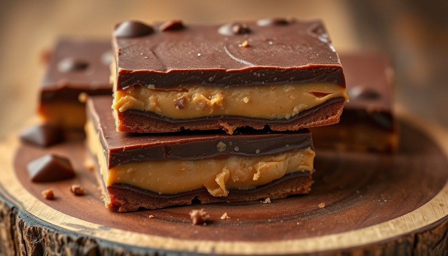 High fiber chocolate peanut butter caramel squares with rich layers.