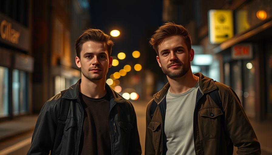 Casual street scene with two men standing at night, discussing foot health tips.