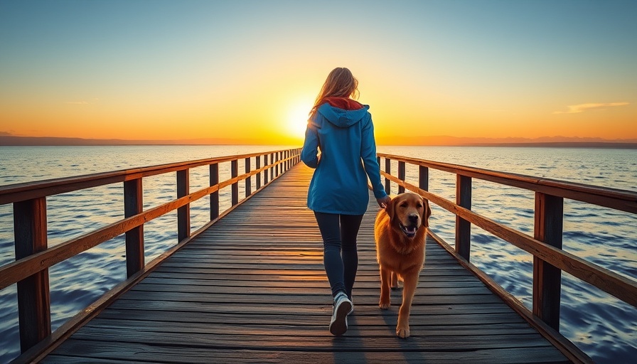 Young woman taking a walking break on a pier with a dog.