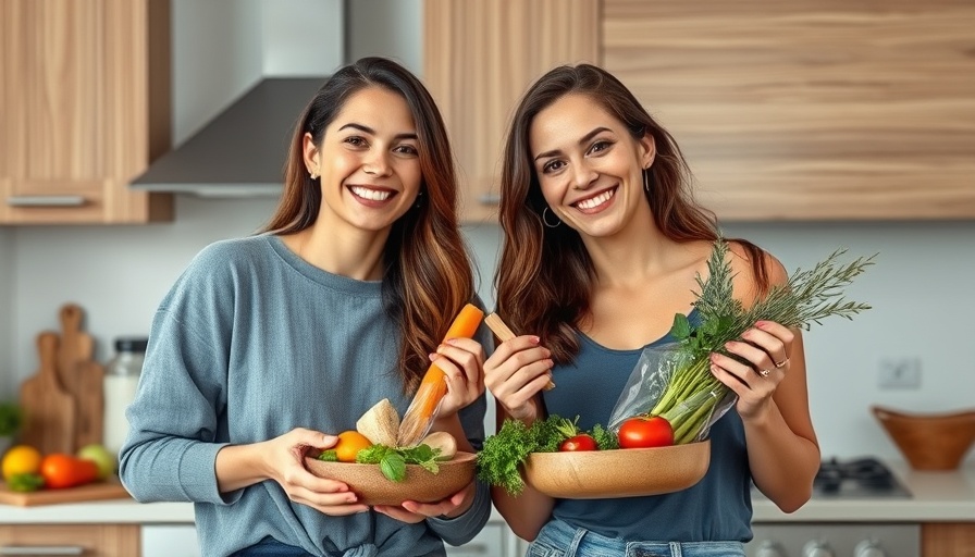 Two women in a kitchen promoting healthy eating with fresh ingredients.