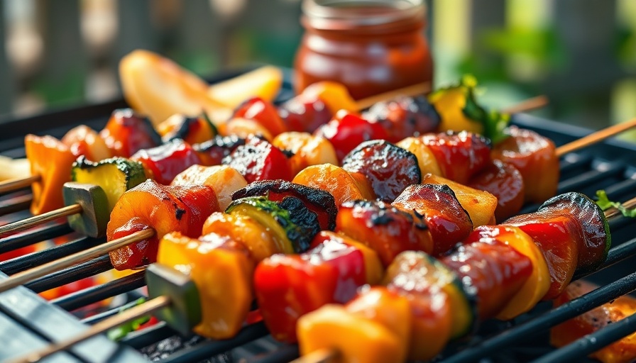 Vibrant veggie BBQ skewers being grilled, veggie BBQ recipe.