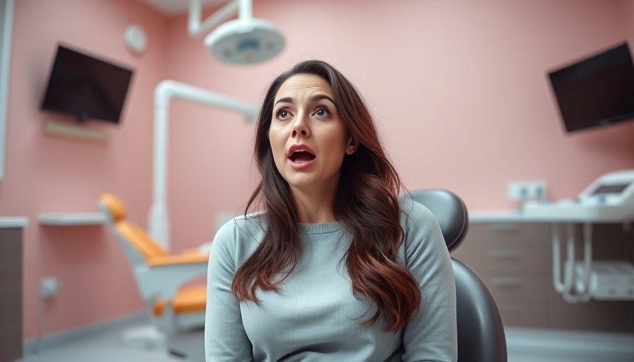 Surprised woman in modern dental office with pastel colors, dental care theme.