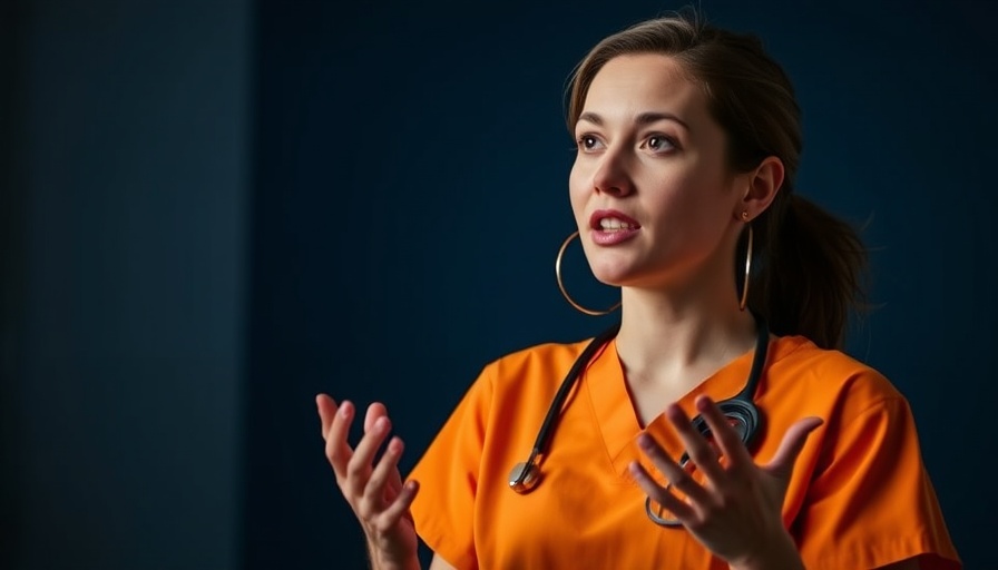 Professional woman discusses acne treatment tips in orange medical scrubs.