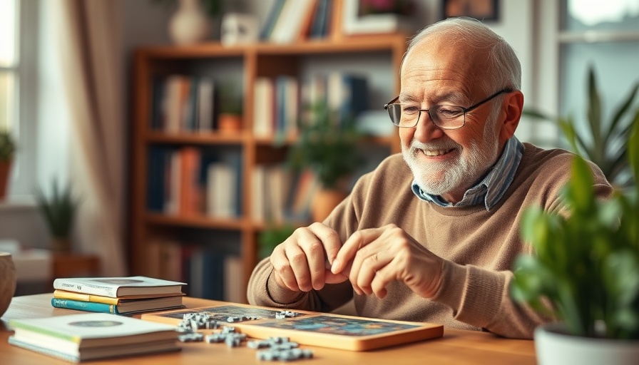 Elderly man solving puzzle for brain training in cozy room.