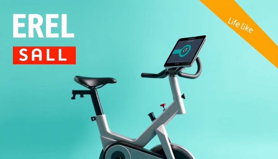 AI-powered exercise bike on sale against turquoise background.