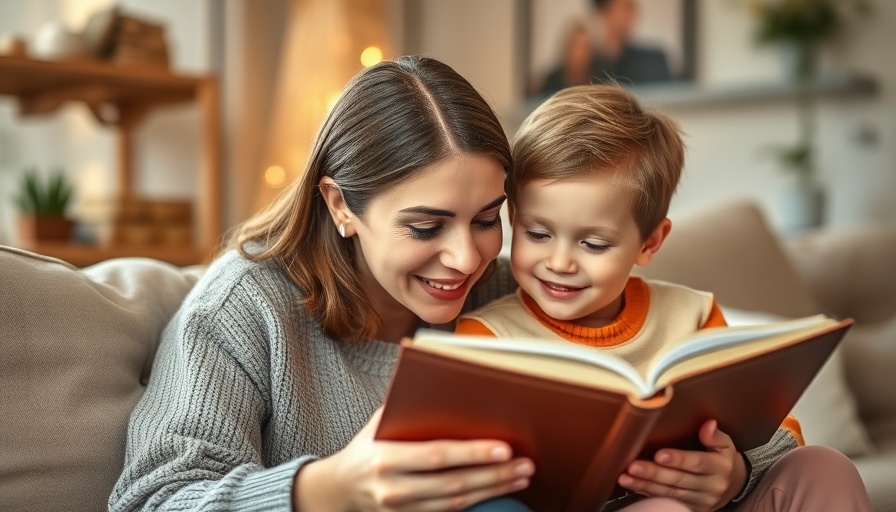 Woman and child reading together in a cozy living room setting.