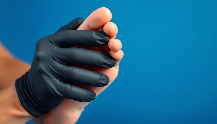 Gloved hand examining a foot against blue background - foot health tips.
