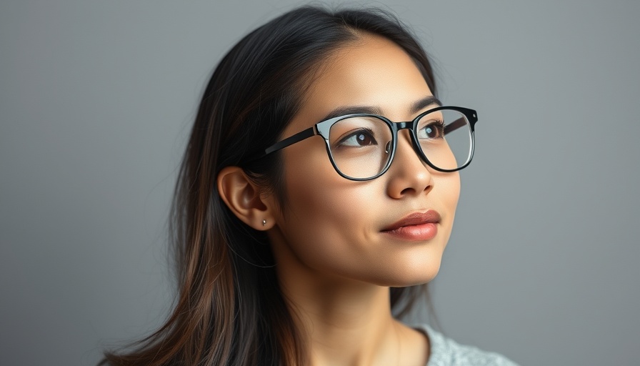Thoughtful woman wearing glasses, deep in contemplation, with a lighthearted expression.