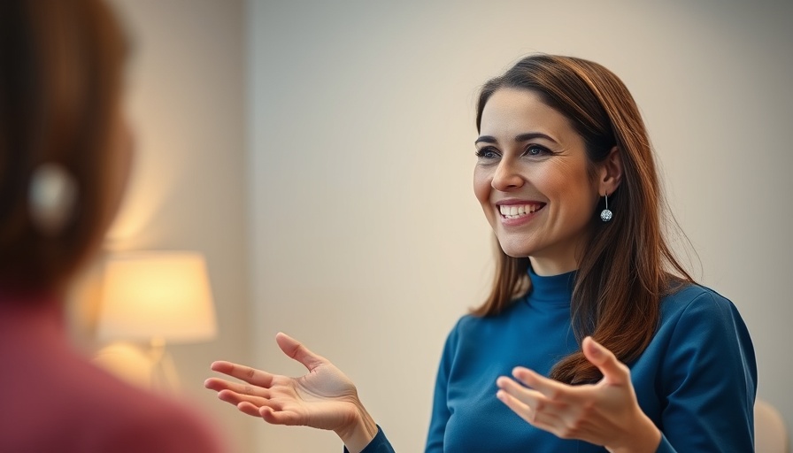 Smiling woman talking about fluoride and dental care benefits.