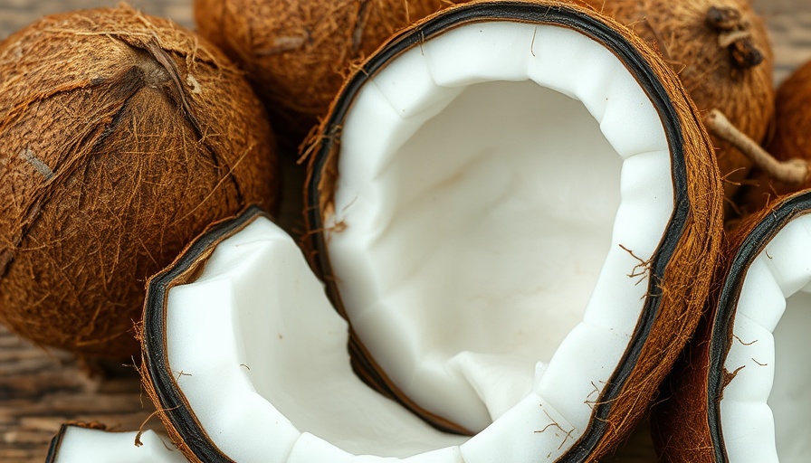Close-up of cracked coconut showing health benefits of coconut meat.