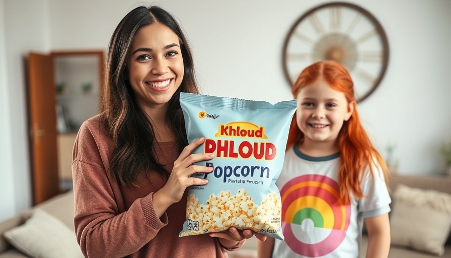 Young woman and girl with Khloud Protein Popcorn in cozy living room.