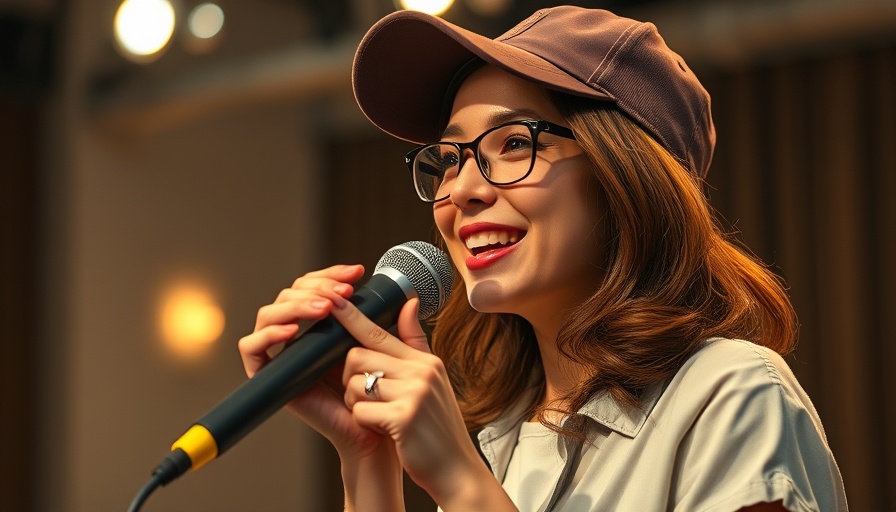 Casual stage speaker and smiling woman on split-screen.