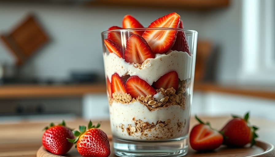 No-cook strawberry PB oats parfait with fresh strawberries in glass.