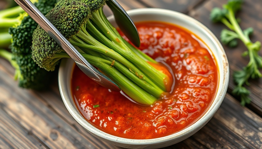 BBQ’ing broccoli on romesco sauce with tongs.