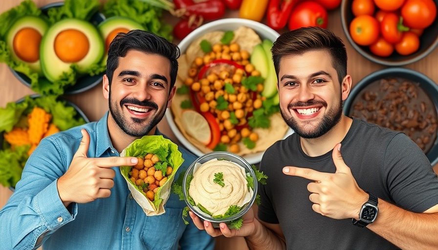 Cheerful men showcasing three plant-based lunch ideas.