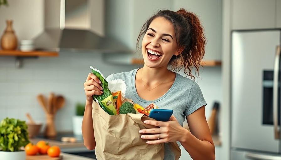 Energetic woman unpacking healthy snacks in a modern kitchen.