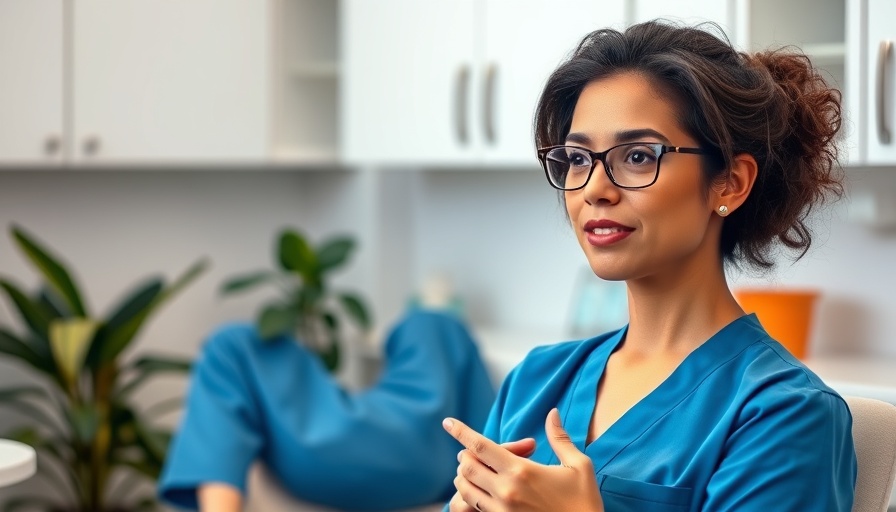 Woman discusses fluoride benefits in dental health setting.