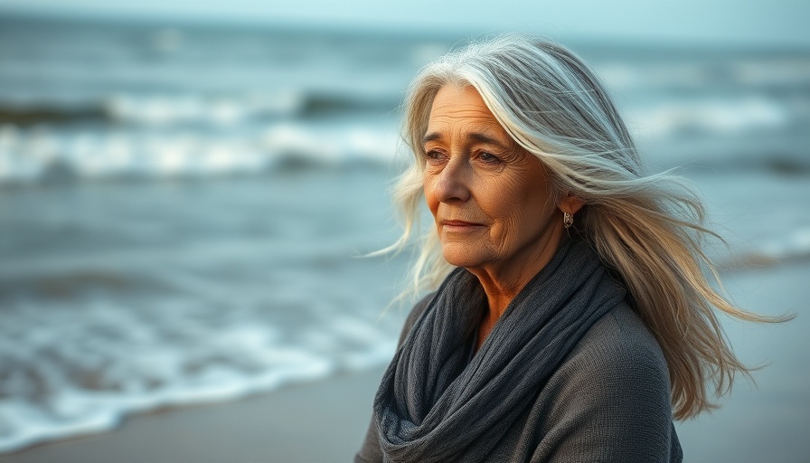 Serene older woman with silver hair by the ocean, contemplating heart health and dementia risk.