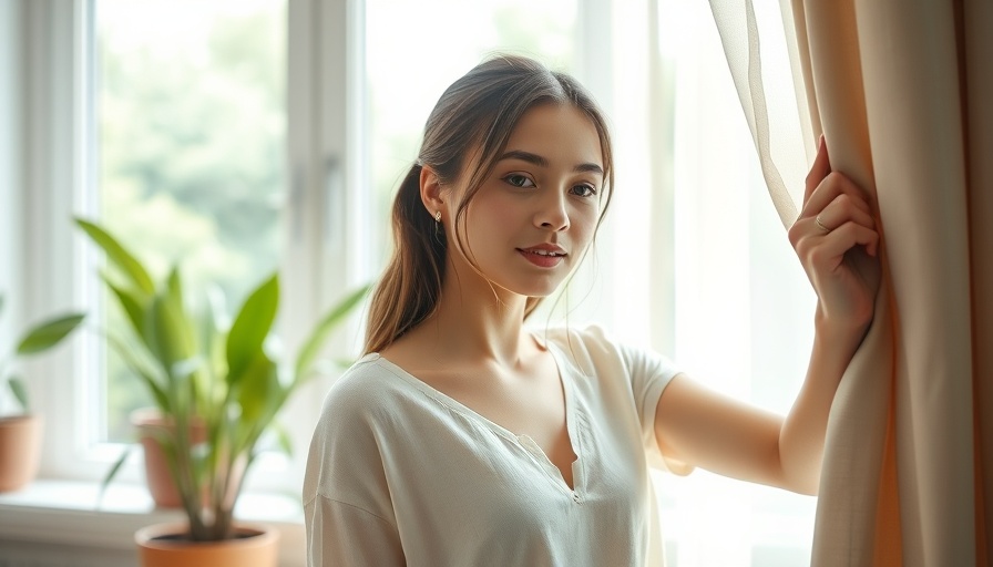 Serene young woman opening curtain, enhancing better memory and happiness.
