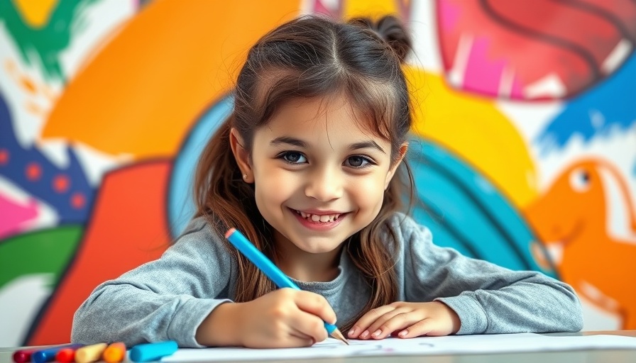 Smiling young girl drawing with colorful abstract background, focused.