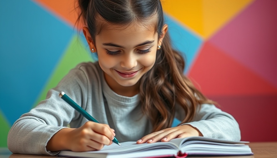 Young girl writing with colorful abstract shapes, reproducible fMRI in mental health