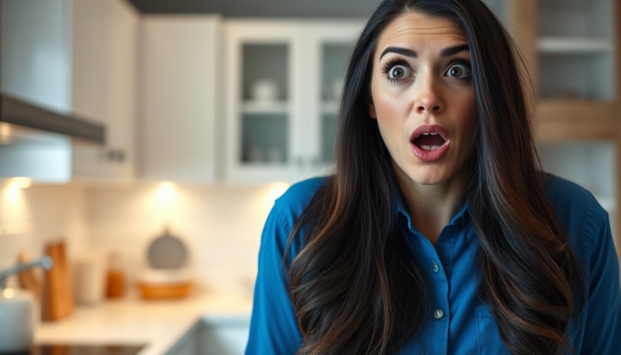 Surprised woman in kitchen discussing dental care.