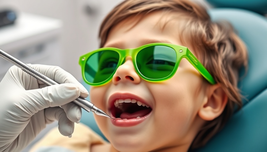Child at a dentist visit for kids, wearing green sunglasses.